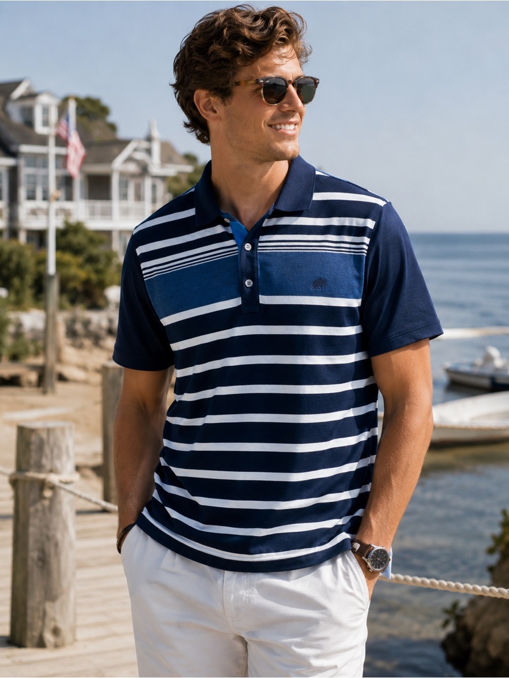 Banana Republic MULTI-STRIPE PIQUE POLO Blue & White Short Sleeve Shirt Large